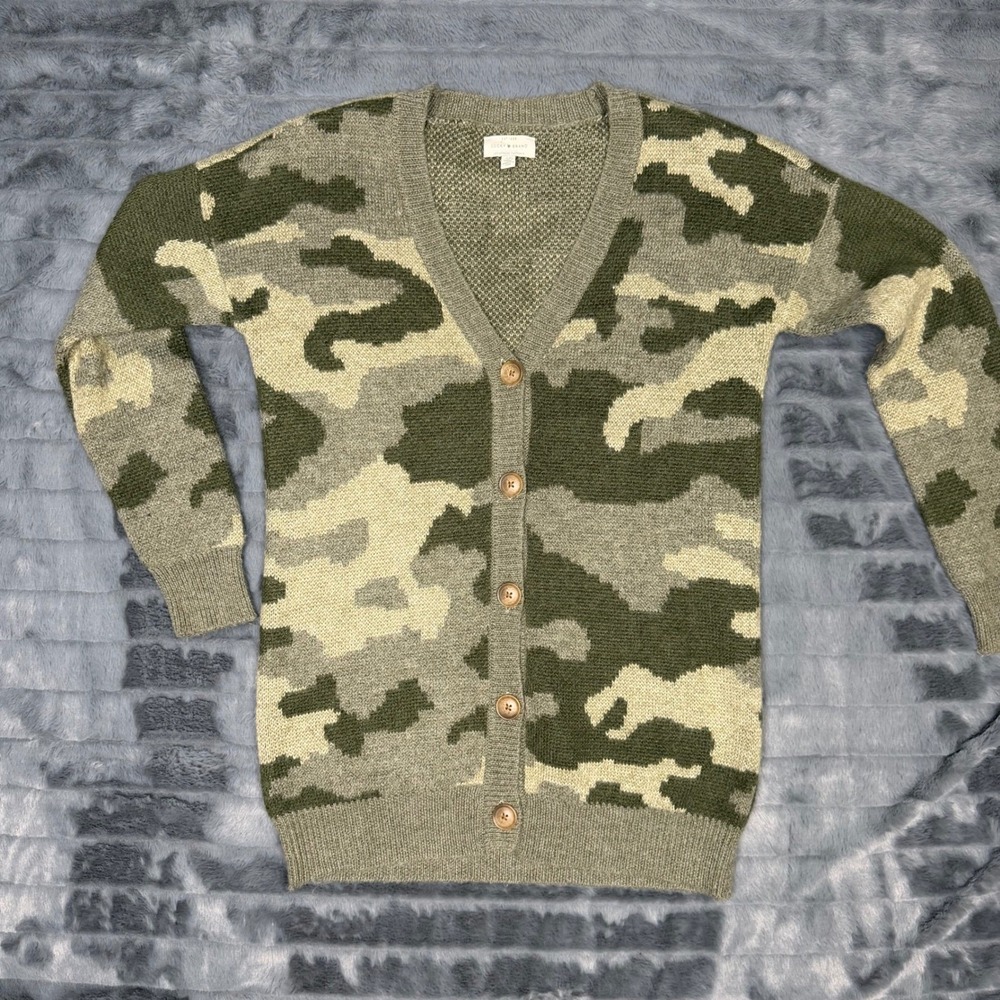 Lucky Brand Womens Camo Knit Cardigan Sweater Green Wool Blend V-Neck Small 6552
